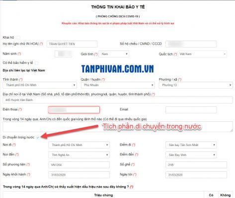 tờ khai y tế đi máy bay