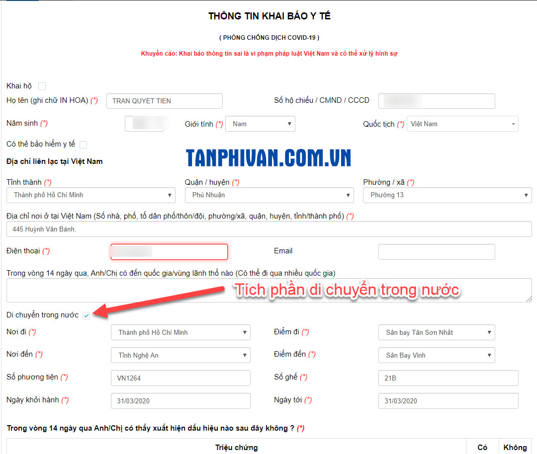 tờ khai y tế đi máy bay